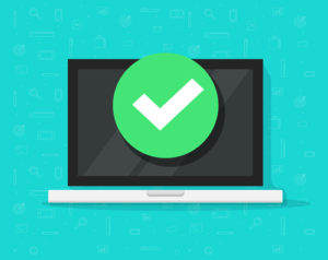 A checkmark over a laptop screen indicates college course completion and ways to improve student retention.