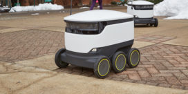 A delivery robot on campus travels across George Mason University.