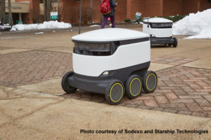 A delivery robot on campus travels across George Mason University.