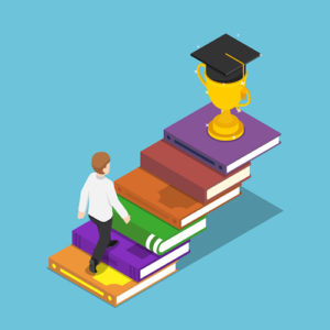 Textbooks forming a ladder with a student climbing up. At the top is a graduation cap.