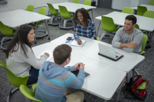 A group of college students collaborating on an assignment