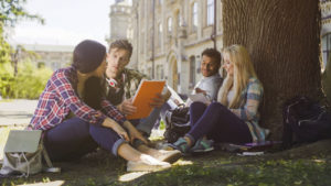 A group of college students studying in the quad