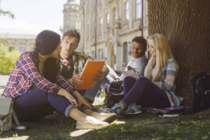 A group of college students studying in the quad