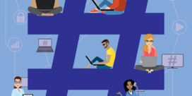 An illustration of a hashtag with college students sitting in it on laptops & devices