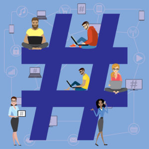 An illustration of a hashtag with college students sitting in it on laptops & devices