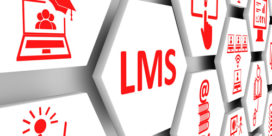 Icons of LMS, a graduation cap over a laptop, and other learning icons.