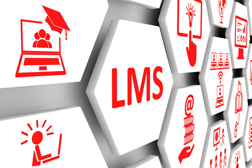 Icons of LMS, a graduation cap over a laptop, and other learning icons.