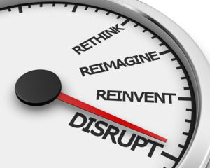 An arrow approaches the word "disrupt" on a meter, signaling how higher-ed bootcamps could change higher education.