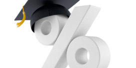 Four universities are using data analytics to improve graduation rates as shown by this graduation cap on a percent sign..