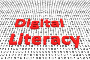 Digital literacy written in red on a background of binary code.