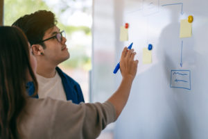 A Berkeley College professor relies on five key elements that, when used together, target student engagement, like these people using teamwork at a whiteboard.